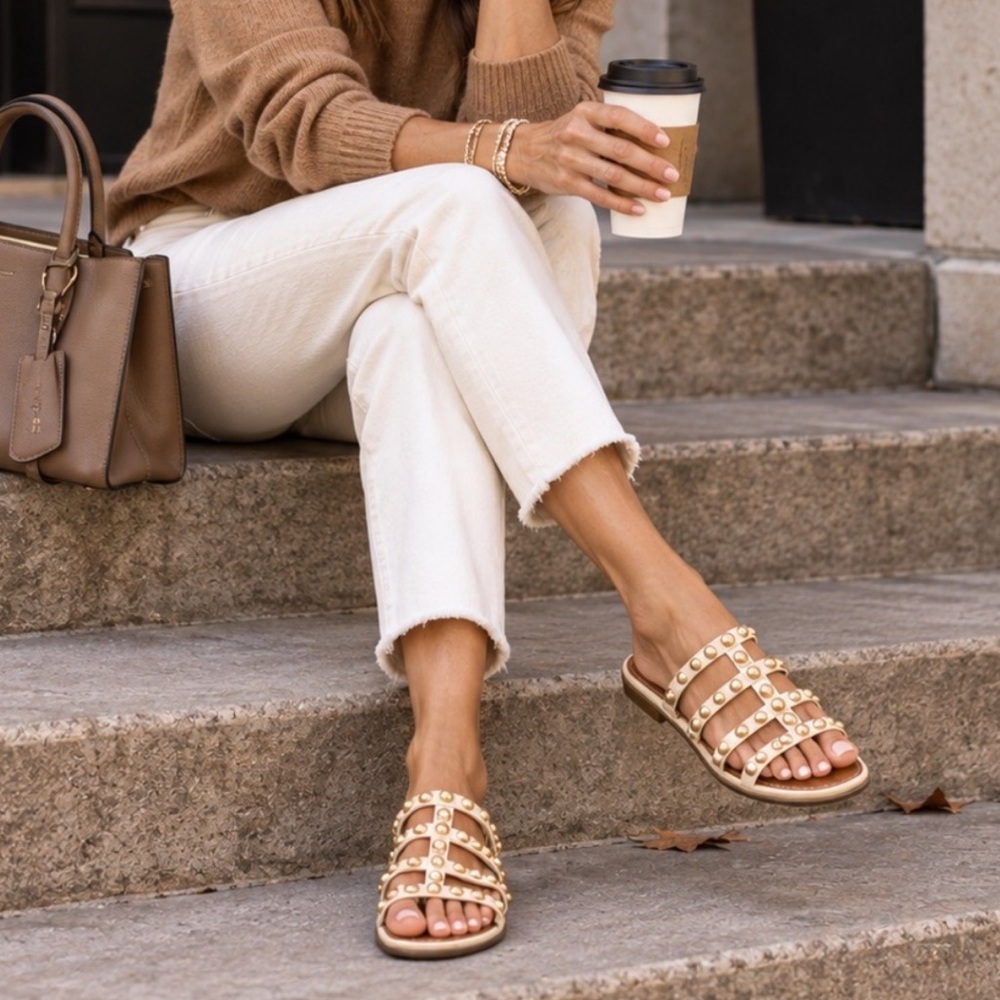Sam Edelman Glenn Studded Strapped Caged Gladiator Slide Mule Flat Sandal Nude 7